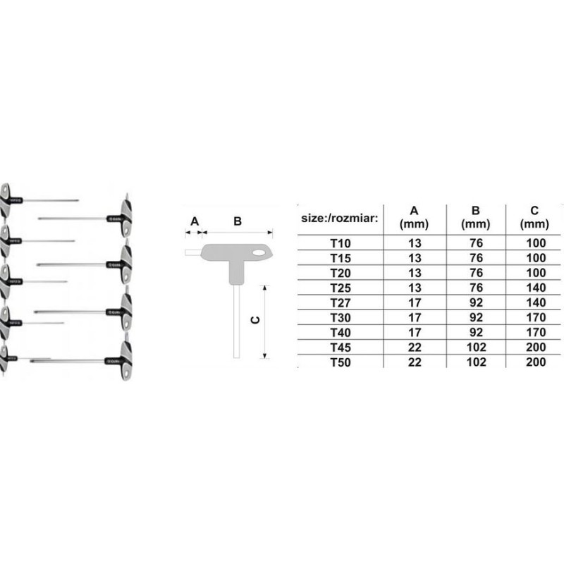 Yato KLUCZE TRZPIENIOWE TORX Z RĘKOJEŚCIĄ 9 elem. T10-T50, Z OTWOREM