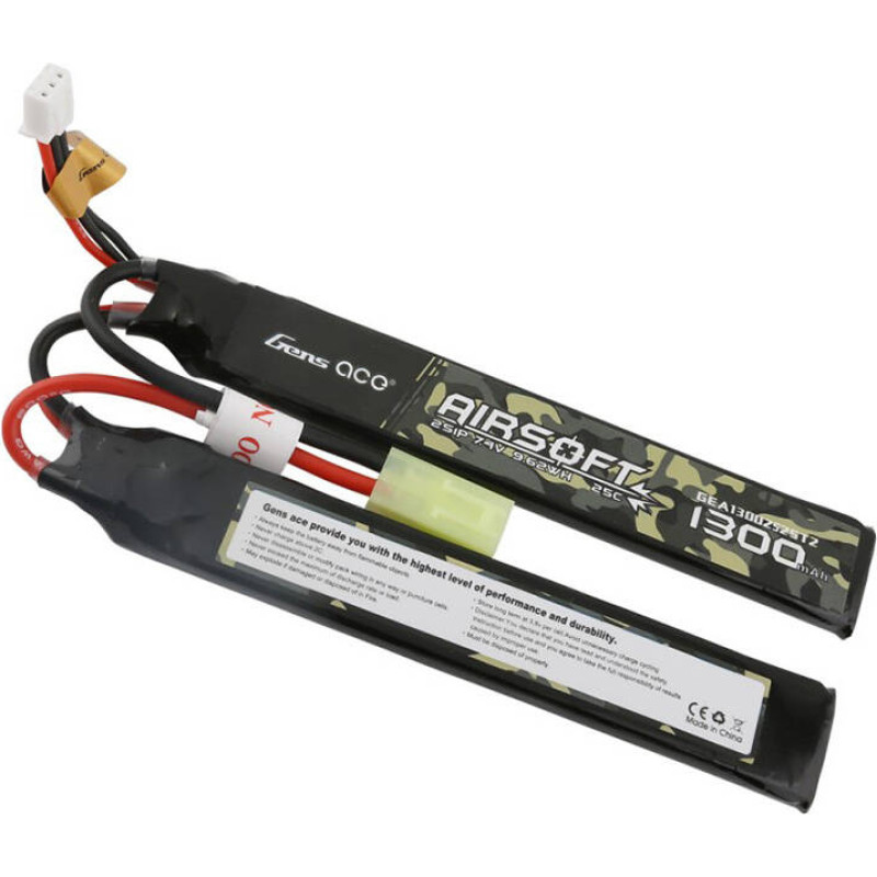 Gens Ace 25C 1300mAh 2S1P 7.4V Saddle Airsoft Gun Lipo Battery with mini Tamiya Plug