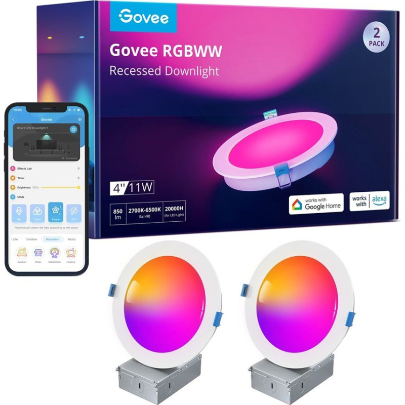 Govee B601B Smart LED Recessed Lights 2-Pack | LED ceiling lighting | 4 inches, RGBWW, Wi-Fi, Bluetooth