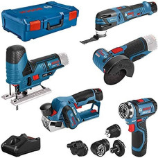 Bosch 5-piece 12-volt tool set, GSR + GOP + GHO + GWS + GST (blue, 3x Li-ion battery, XL-BOXX)