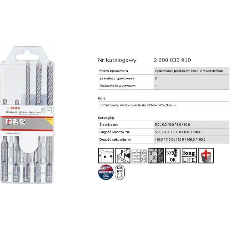 Bosch SDS PLUS-5X BOLT 5PCS 5/6/6/8/10X160MM