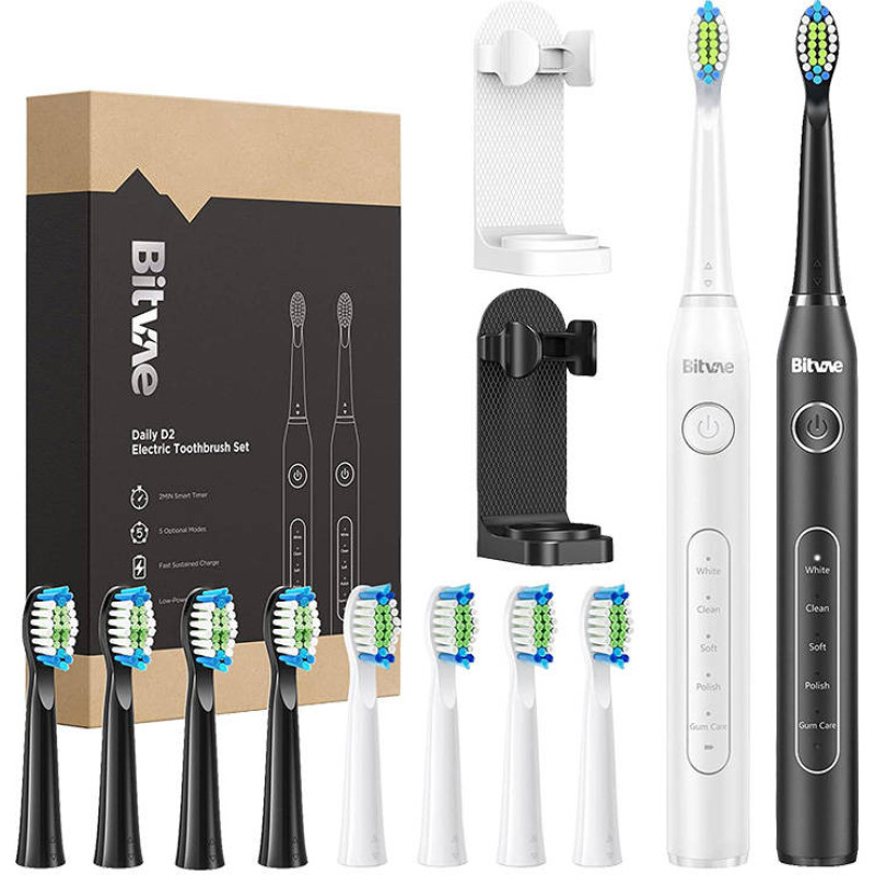 Bitvae Sonic toothbrushes with tips set and 2 holders Bitvae D2+D2 (white and black)