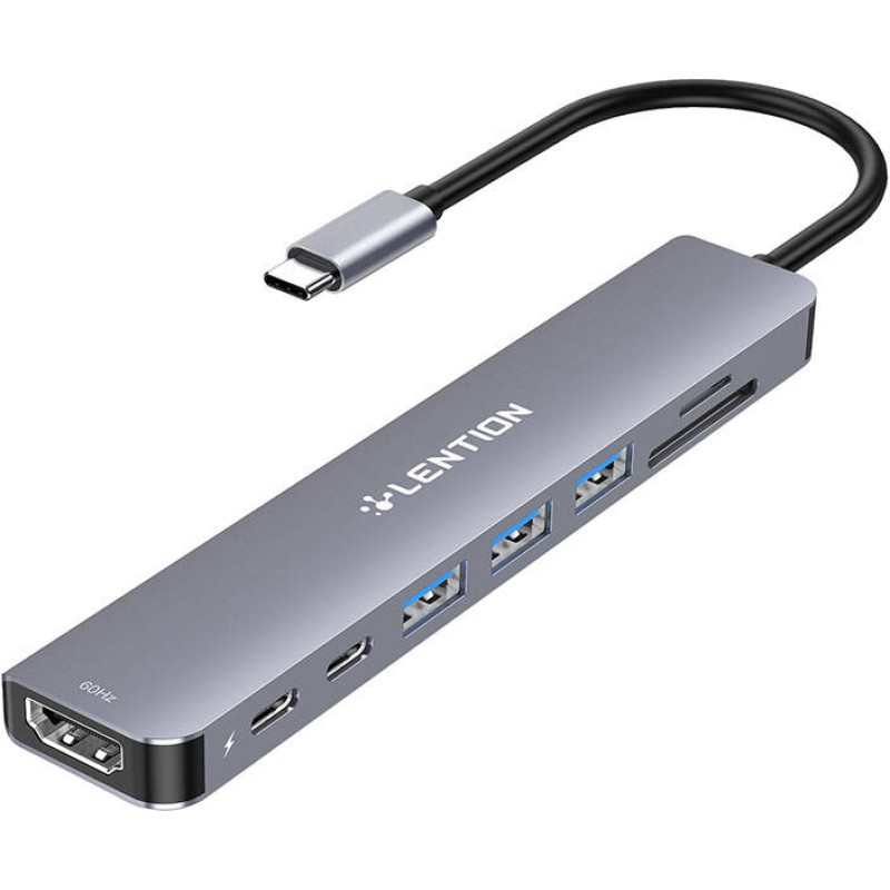 Lention 8in1 Hub USB-C to 3x USB 3.0 + SD/TF + PD + USB-C + HDMI 4K60Hz (gray)