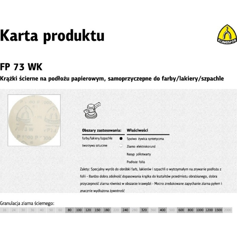 Klingspor KRĄŻEK ŚCIERNY SAMOPRZYCZEPNY 125mm  FP73WK gr.180 /100szt.