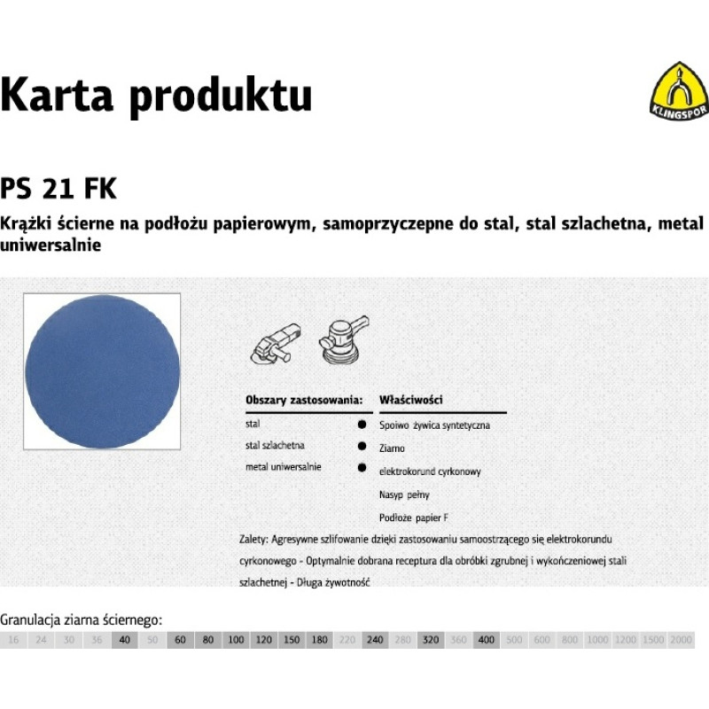 Klingspor KRĄŻEK ŚCIERNY SAMOPRZYCZEPNY 150mm  PS21FK gr.180 /50szt.