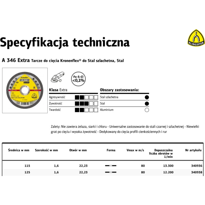 Klingspor TARCZA DO CIĘCIA METALU 125mm x 1,6mm x 22,2mm A346 EX