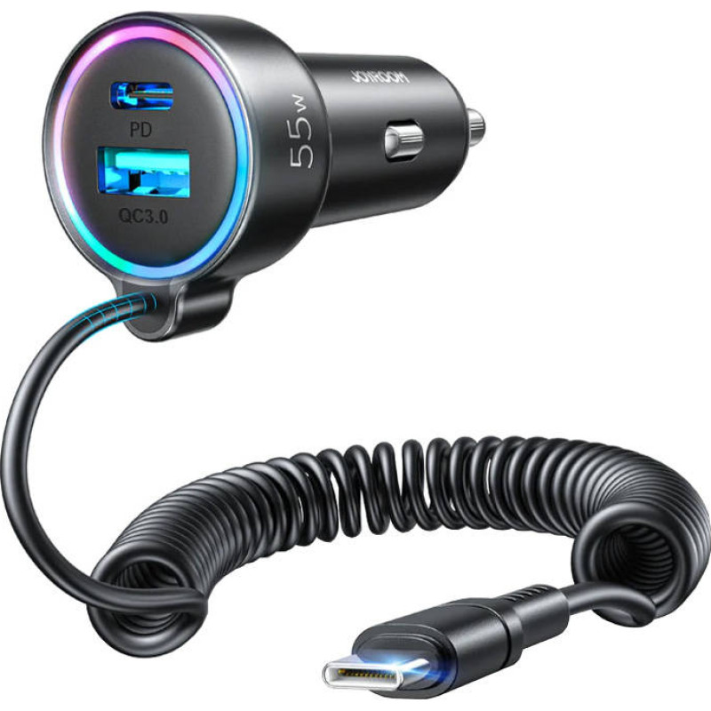 Joyroom Car charger Joyroom JR-CL07, 3-in-1, 1x USB + 1x PD, 55W + Type-C cable (black)