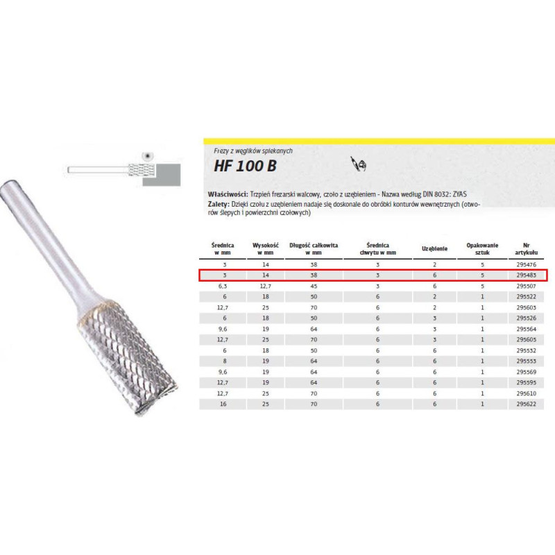 Klingspor FREZ DO METALU HF 100 B FI=3,0x14mm TRZPIEŃ 3mm TYP ZYAS, WALCOWY