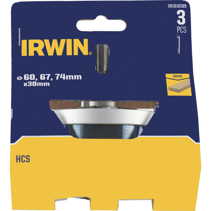 Irwin OTWORNICE DO DREWNA HCS 60, 67 i 74mm x 30mm do drewna z trzpieniem mocującym i wiertłem centr