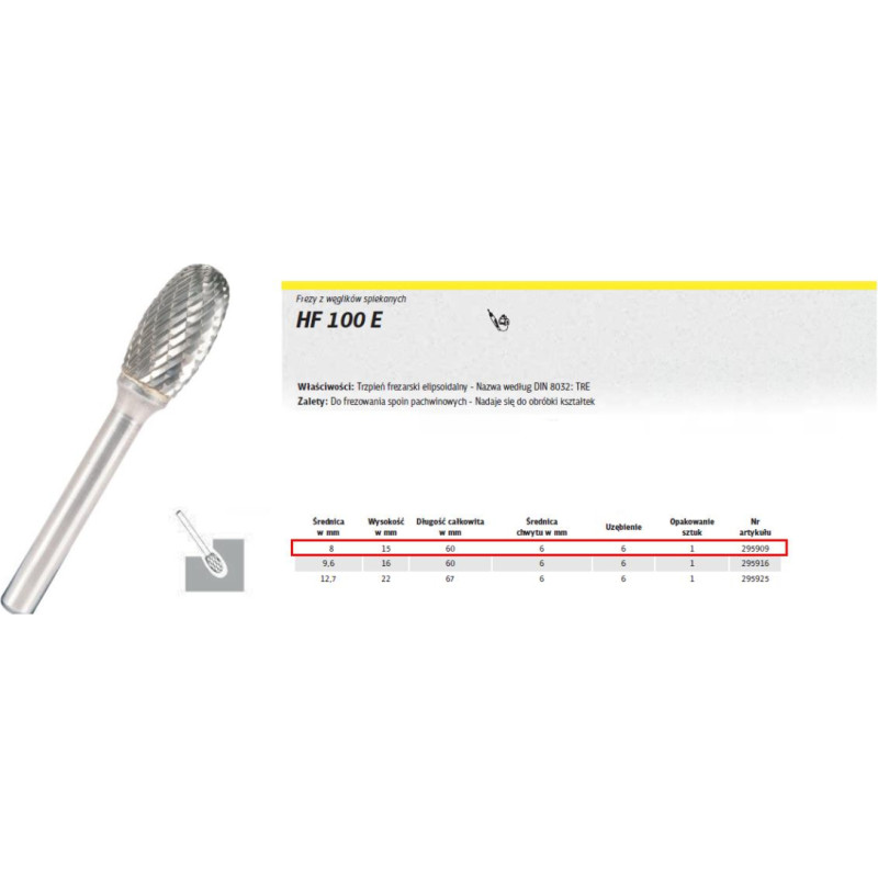 Klingspor FREZ DO METALU HF 100 E FI=8,0x15mm TRZPIEŃ 6mm TYP TRE, ELIPSOIDALNY