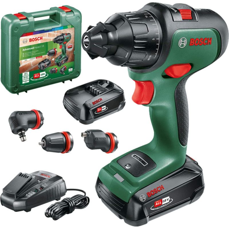 Bosch Cordless Impact Drill AdvancedImpact 18, with attachments (green/black, 2x Li-Ion battery 2.5Ah, case)