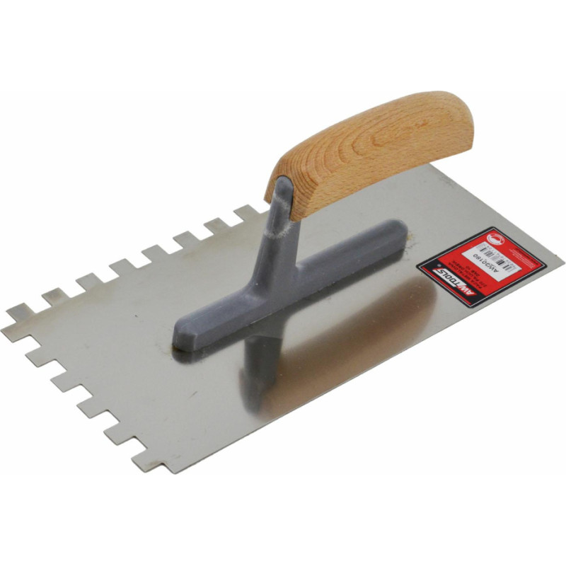Awtools AW STAINLESS STEEL PLASTERING TROWEL 270mm/ 8mm NOTCHED/ WOODEN HANDLE & NYLON SHANK