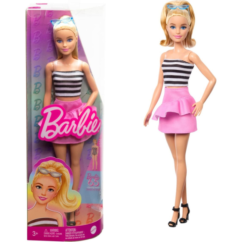 Mattel Barbie Fashionistas doll with black and white top and pink skirt