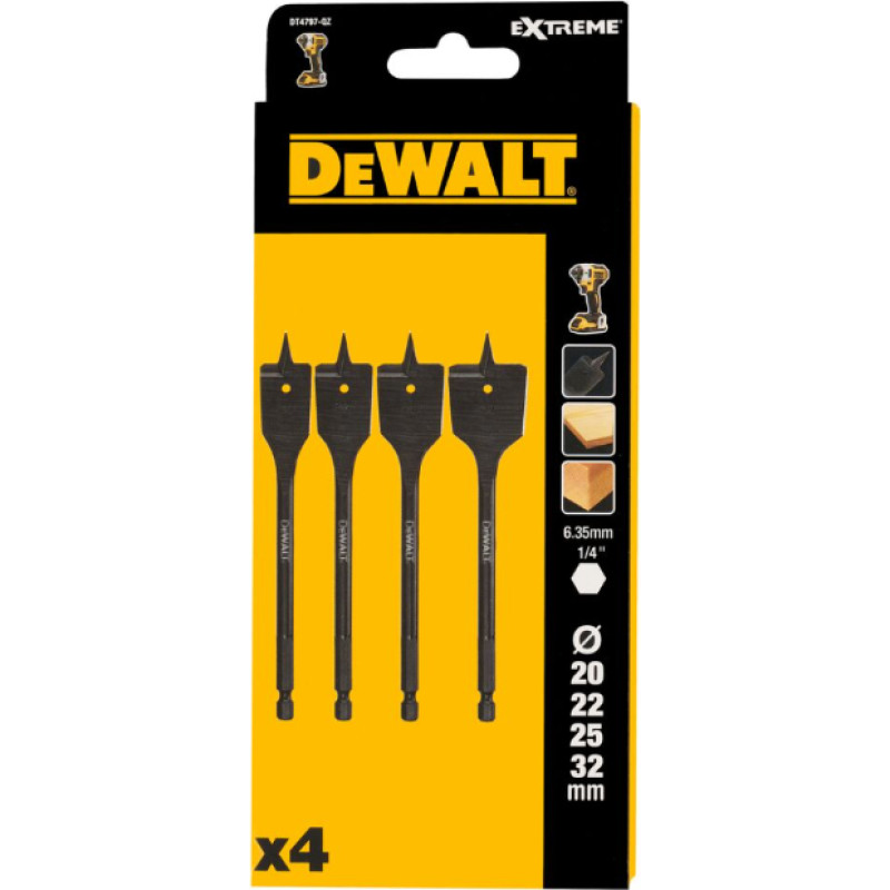 Dewalt WIERTŁO ŁOPATKOWE UDAROWE KPL. 4szt. 20, 22, 25, 32mm HEX 1/4