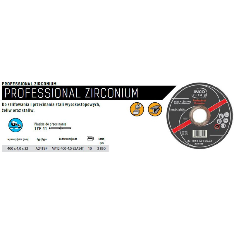 Incoflex TARCZA DO METALU  400 x 4,0 x 32mm PROFESIONAL ZIRCONIUM DO STALI WYSOKOSTOP./ŻELIW/STALIW