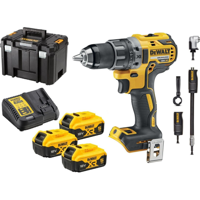 Dewalt WKRĘTARKA 18V DCD791P3A 70/27Nm 3x5,0Ah BL +KOŃCÓWKA KĄTOWY DO BITÓW