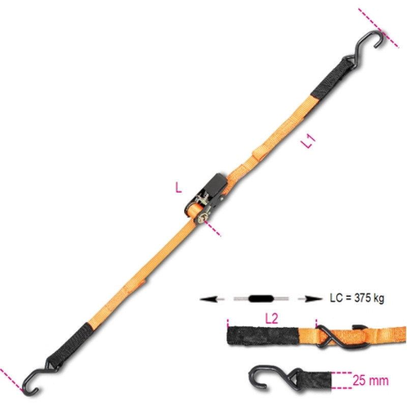 Beta LASHING STRAP WITH RATCHET TENSIONER, WITH 2 HOOKS AND LUGS, POLYESTER 25MM 3M +HOOK