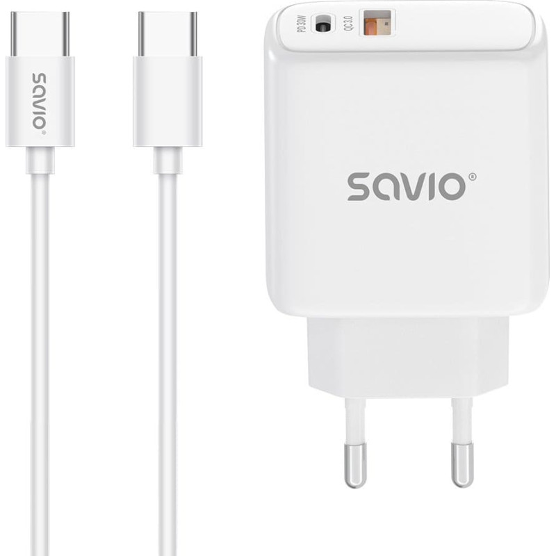 Savio LA-10 Ładowarka sieciowa 30W Quick Charge, Power Delivery 3.0, Biała + Kabel