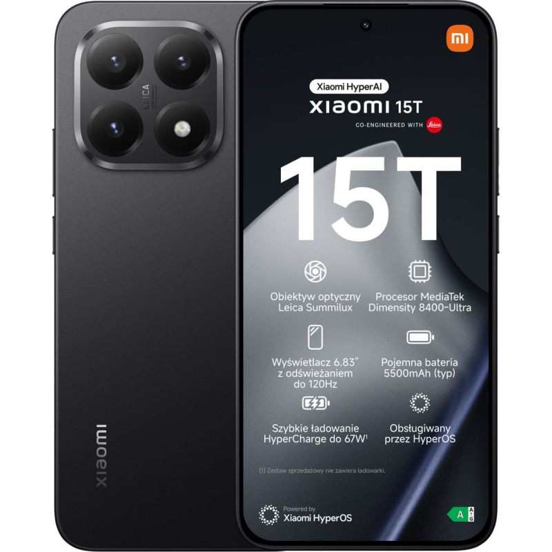 Xiaomi 15T | Black | 6.83 " | 120Hz eye-care | 2772 x 1280 pixels | Mediatek | D8400-Ultra | Internal RAM 12 GB | 256 GB | Dual SIM | 5G | Main camera resolution 50+50+12 MP | Secondary camera resolution 32 MP | Android | 5500 mAh