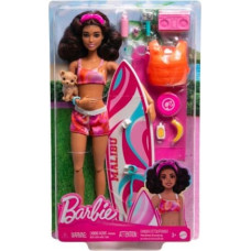 Mattel Barbie Doll with Surfboard and Puppy, Poseable Brunette Barbie Beach Doll