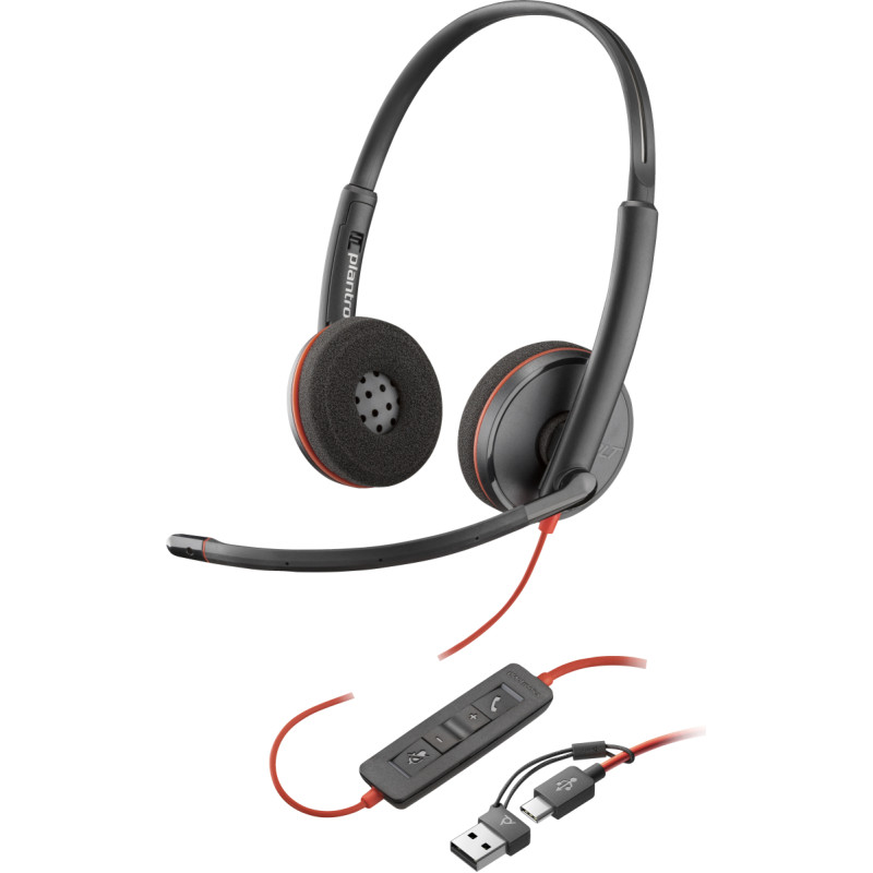 Plantronics POLY Blackwire 3220 stereo USB-C austiņās iebūvēts tālrunis + USB-C/A adapters (vairumā)