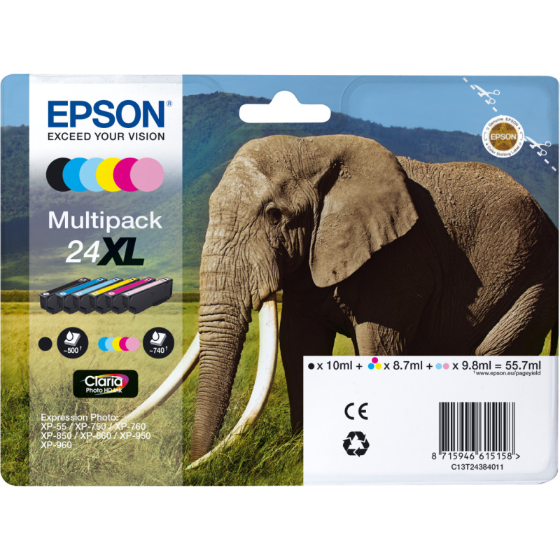 Epson Elephant C13T24384011 tintes kārtridžs 6 pcs Oriģināls Augsta (XL) produktivitāte Melns, Tirkīzzils, Gaiši Tirkīzzila, Fuksīns, Gaiši Fuksīna, Dzeltens