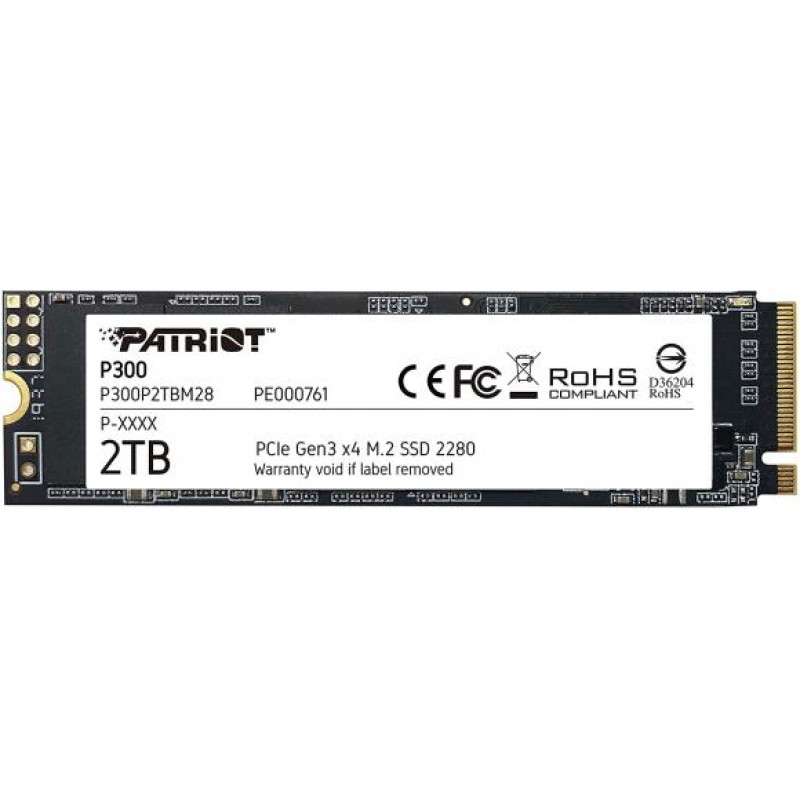 Patriot SSD|PATRIOT|P300|2TB|M.2|PCIE|NVMe|QLC|Write speed 1650 MBytes/sec|Read speed 2100 MBytes/sec|3.8mm|TBW 960 TB|P300P2TBM28