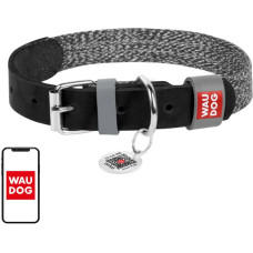 Waudog Dog collar made of natural leather and recycled material with QR code Waudog size M, width 20 mm, black