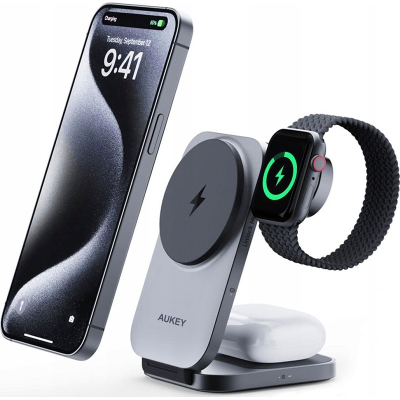 Aukey Magnetic Wireless Charger 3 in 1 MagFusion Aukey LC-MC312, 15W Qi2 (gray)