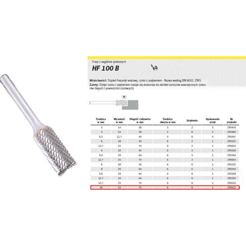 Klingspor FREZ DO METALU HF 100 B FI=16,0x25mm TRZPIEŃ 6mm TYP ZYAS, WALCOWY