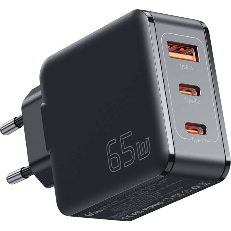 Essager Wall charger, Essager, ECT2CA-JZB01-Z, GaN, USB-A, 2xUSB-C, 65W (black)