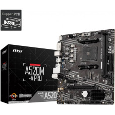 MSI Mainboard|MSI|AMD A520|SAM4|MicroATX|1xPCI-Express 3.0 1x|1xPCI-Express 3.0 16x|1xM.2|Memory DDR4|Memory slots 2|1xDVI|1xHDMI|2xAudio-Out|2xUSB 2.0|4xUSB 3.2|1xRJ45|A520M-APRO